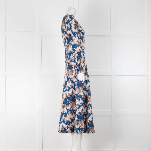 Sandro Cream Blue Orange Paisley Silk Midi Dress