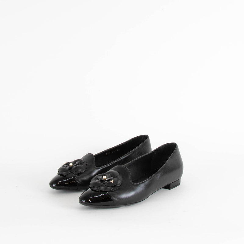 Chanel Black Leather Slip On Loafer with Patent Toe Cap and Camellia Flower