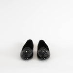 Chanel Black Leather Slip On Loafer with Patent Toe Cap and Camellia Flower