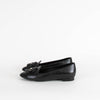 Chanel Black Leather Slip On Loafer with Patent Toe Cap and Camellia Flower