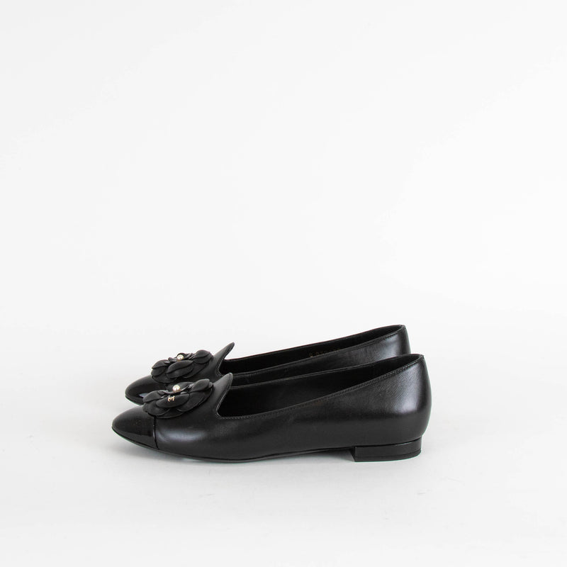 Chanel Black Leather Slip On Loafer with Patent Toe Cap and Camellia Flower