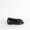 Chanel Black Leather Slip On Loafer with Patent Toe Cap and Camellia Flower