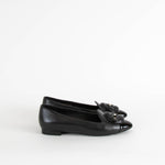 Chanel Black Leather Slip On Loafer with Patent Toe Cap and Camellia Flower