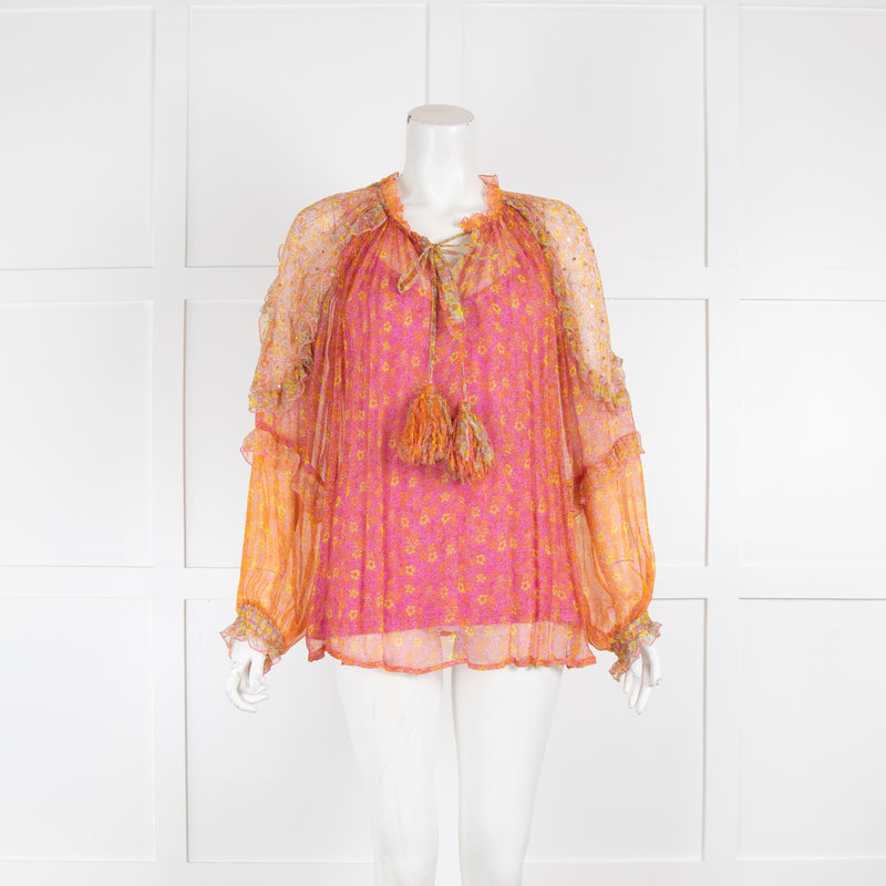 Miss June Orange Pink Sheer Floral Top