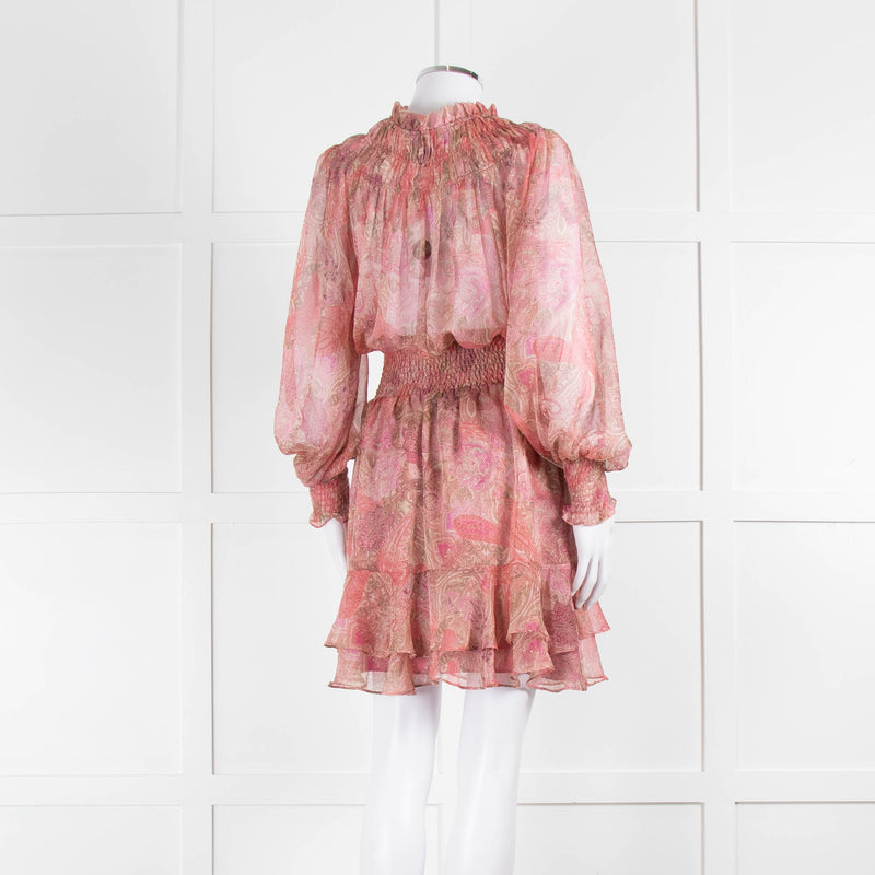 Misa Pink Peach Paisley Ruffle Hem Smocked Waist Mini Dress