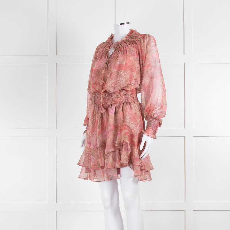 Misa Pink Peach Paisley Ruffle Hem Smocked Waist Mini Dress