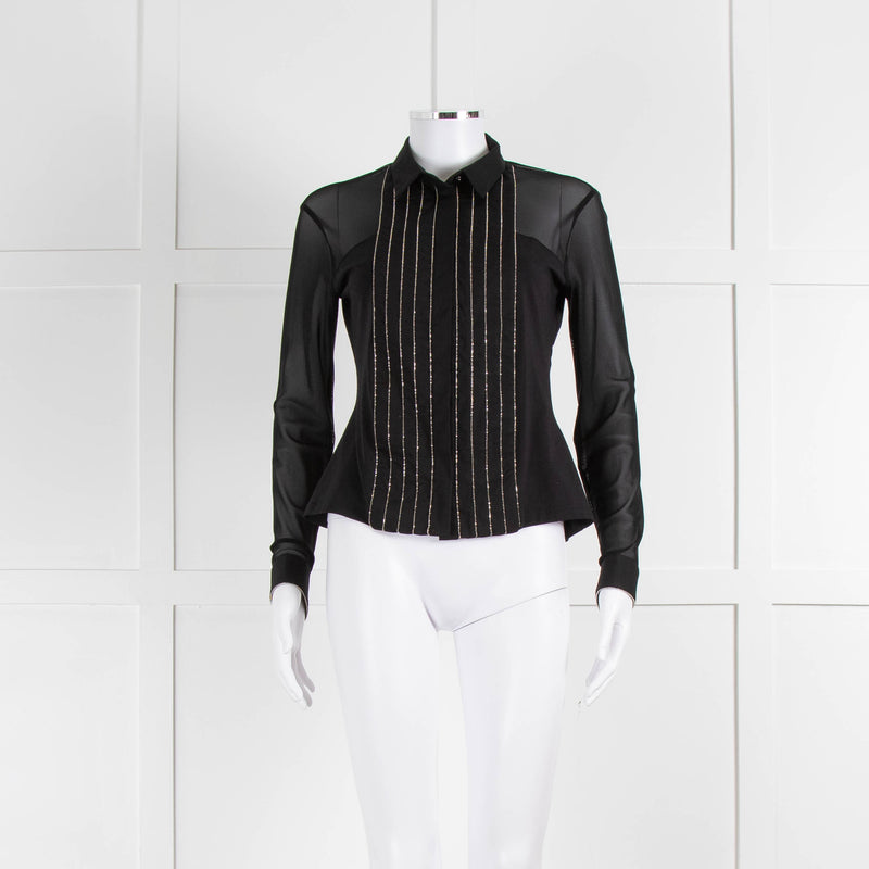 Anne Fontaine Black Mesh Sleeve Silver Chain Front Shirt