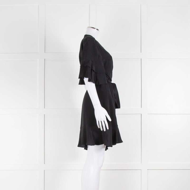 IRO Black Wrap Dress with Frilled Sleeves and Hem