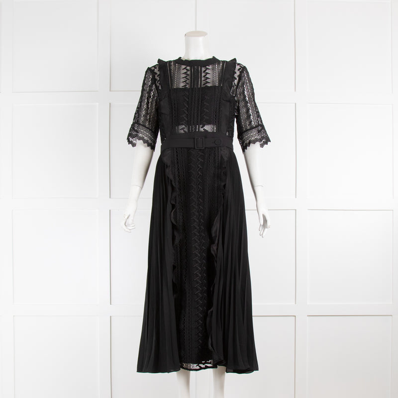 Self Portrait Black Broderie Anglaise Dress with Pleated Skirt