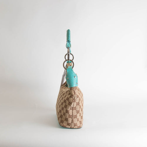 Gucci Monogram Canvas Hobo Bag with Turquoise Trims