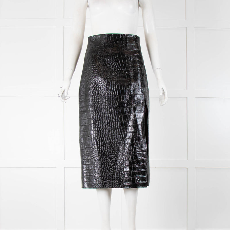 16Arlington Black Leather Croc Print Thigh Slit Midi Skirt