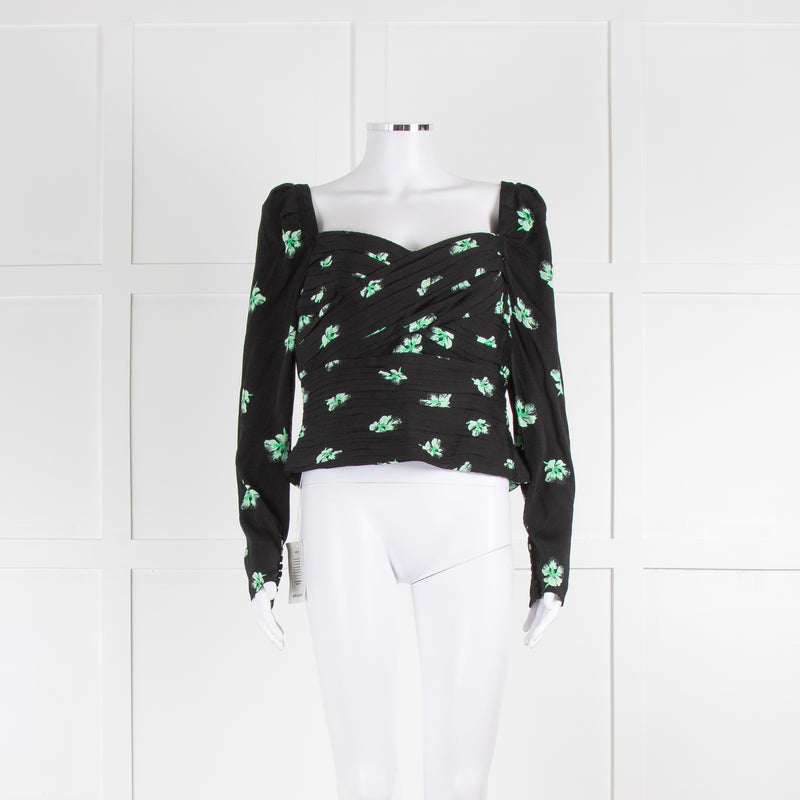 Self-Portrait Black Ruched Short Top with Green Flowers