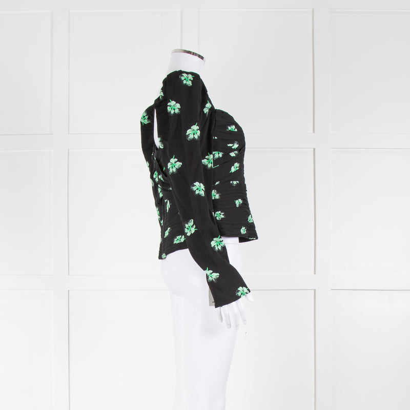 Self-Portrait Black Ruched Short Top with Green Flowers