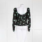 Self-Portrait Black Ruched Short Top with Green Flowers