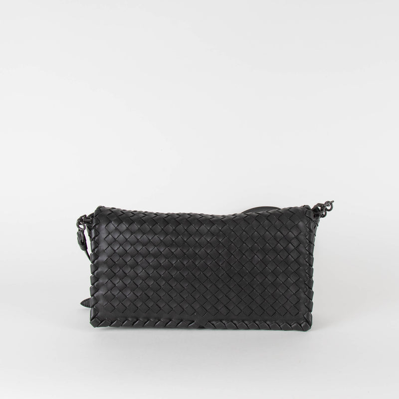 Bottega Veneta Black Intrecciato Fold Over Crossbody Envelope Bag