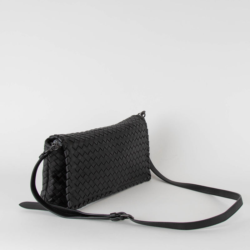 Bottega Veneta Black Intrecciato Fold Over Crossbody Envelope Bag