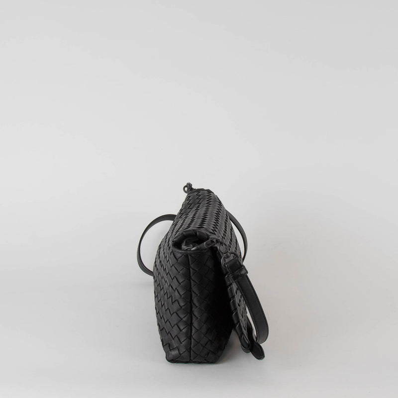 Bottega Veneta Black Intrecciato Fold Over Crossbody Envelope Bag