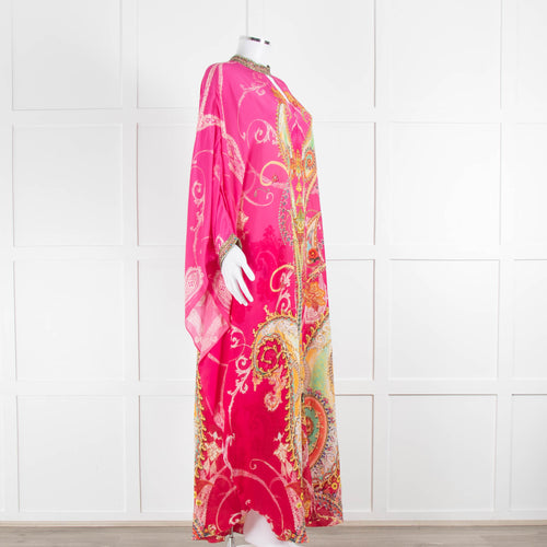 Camilla Pink Orange Green Paisley Print Beaded Silk Kaftan Dress