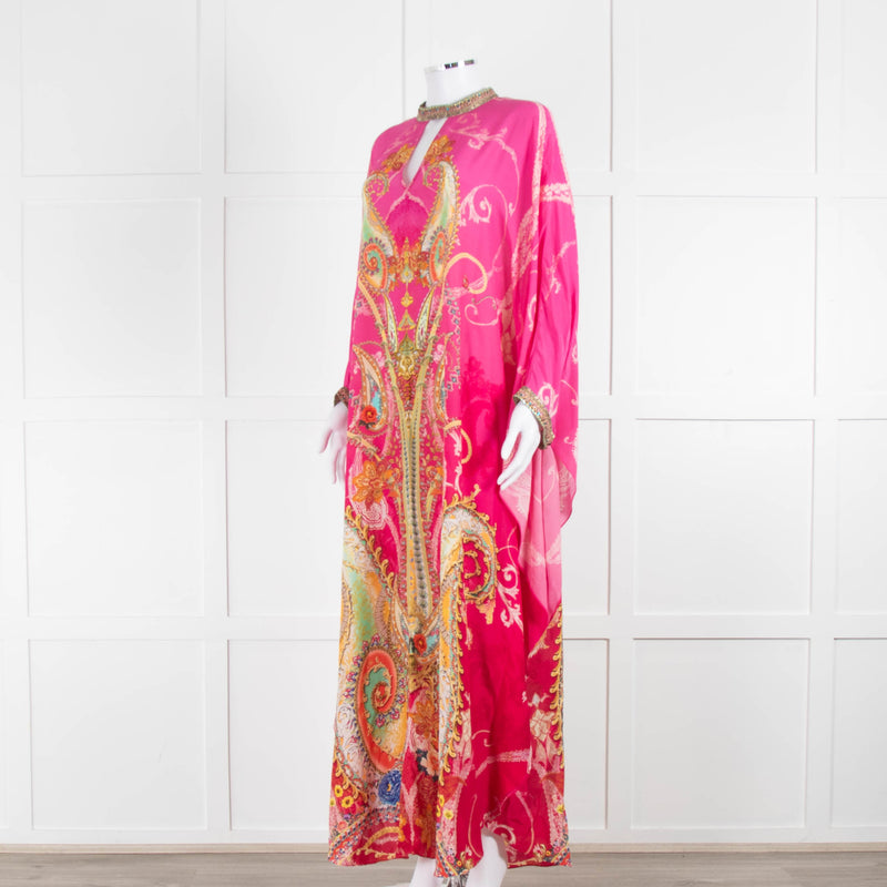 Camilla Pink Orange Green Paisley Print Beaded Silk Kaftan Dress