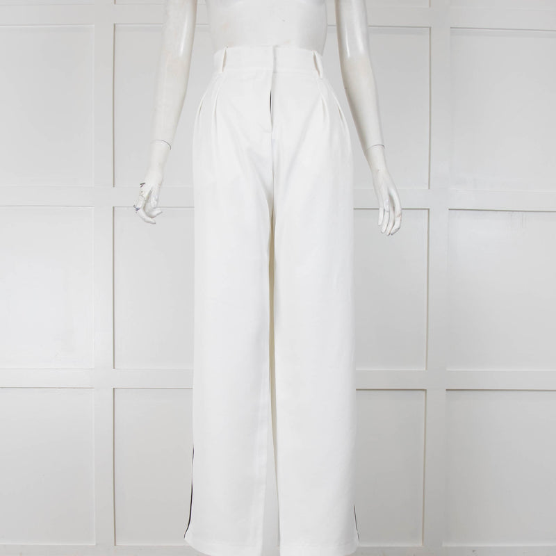 Serena Bute White Wide Leg Trousers Black Side Stripe