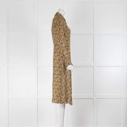 Tara Jarmon Mustard Grey Gold Thread Button Up Dress