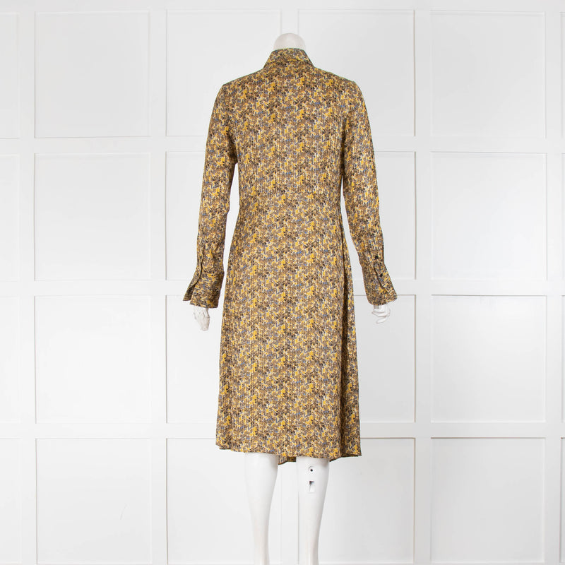 Tara Jarmon Mustard Grey Gold Thread Button Up Dress