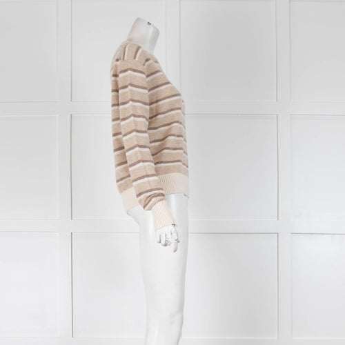 White + Warren Beige, Cream Striped Cashmere Jumper