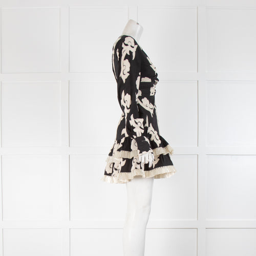 Alexis Black White Embroidered Tassel Trim Long Sleeve Mini Dress