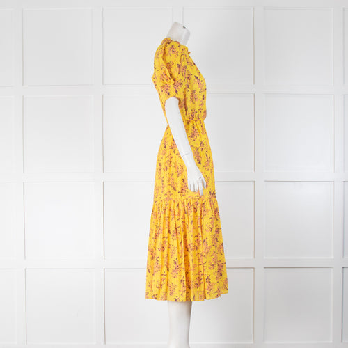 Ulla Johnson Yellow Purple Floral Short Sleeve Peplum Dress