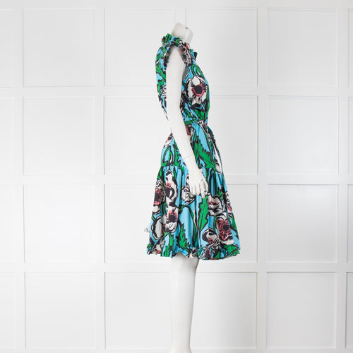 La Double J Pale Blue Green Pink Cotton Floral Sleeveless  Belted Dress