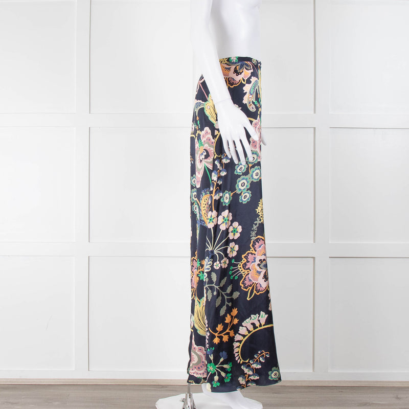 Ridley Navy Blue Pink Green Yellow Floral Print Silk Maxi Skirt