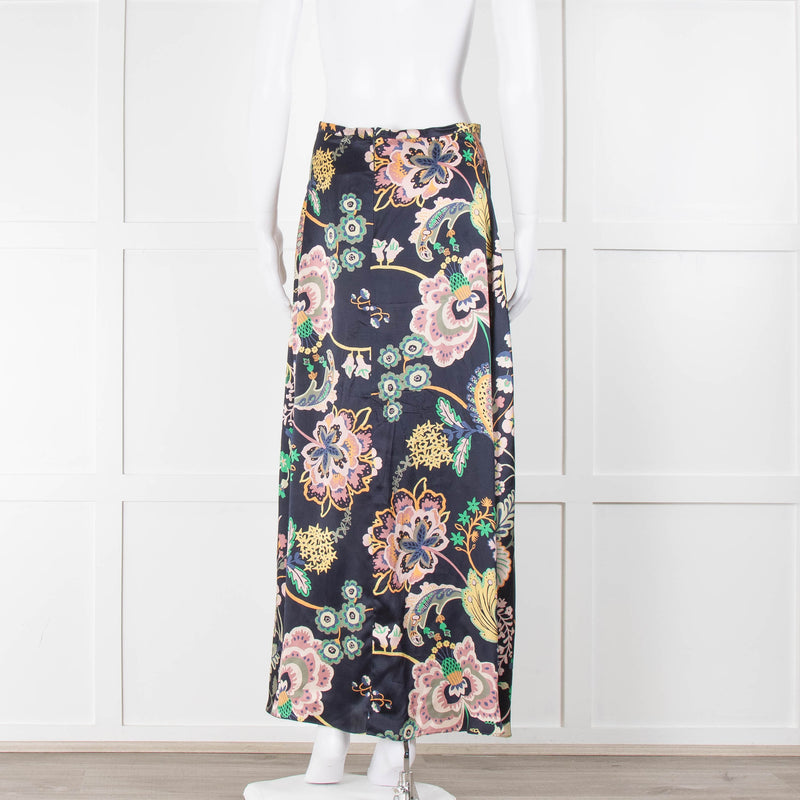 Ridley Navy Blue Pink Green Yellow Floral Print Silk Maxi Skirt