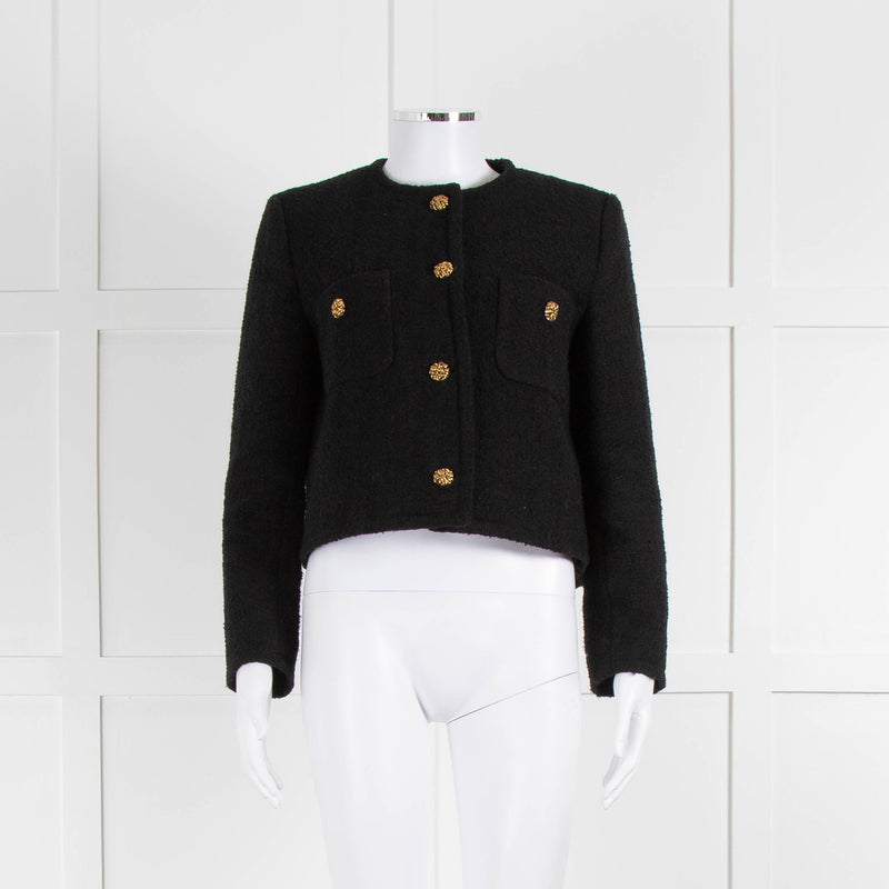 ba&sh Black Boucle Round Neck Short Jacket with Gold Buttons