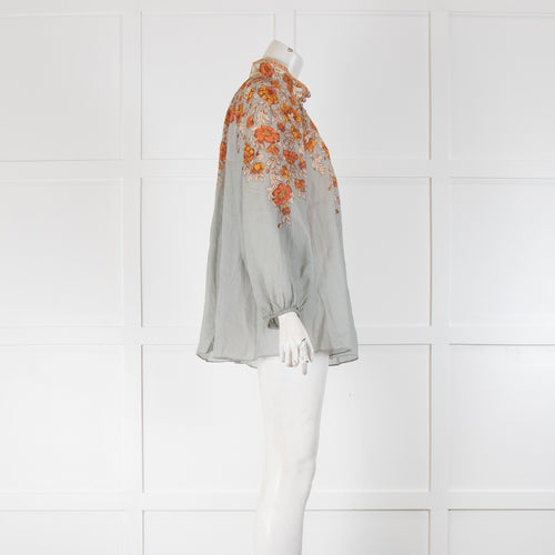 Zimmermann Andie Green  And Orange Floral Buttoned Front Top