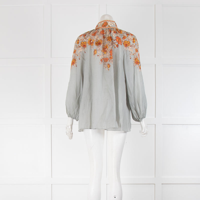 Zimmermann Andie Green  And Orange Floral Buttoned Front Top