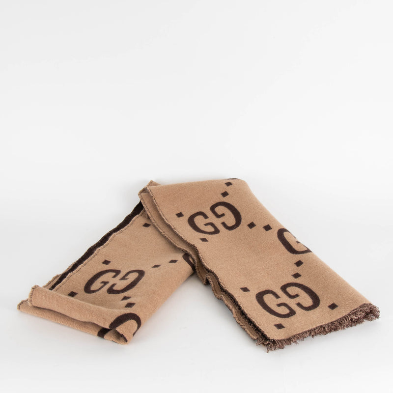 Gucci Brown Logo Wool and Silk Mix Scarf