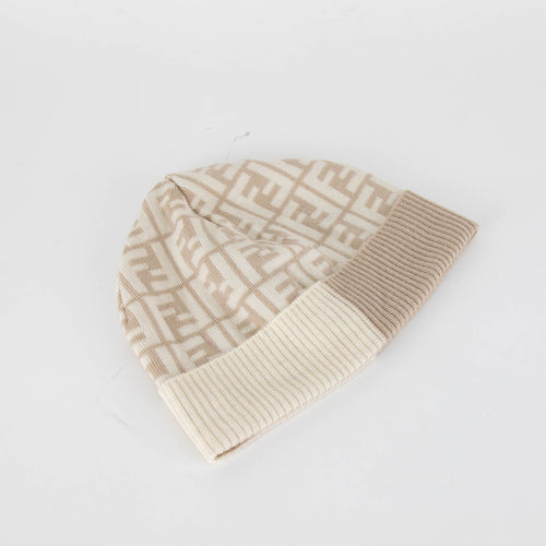 Fendi Cream Beige Logo Wool Hat