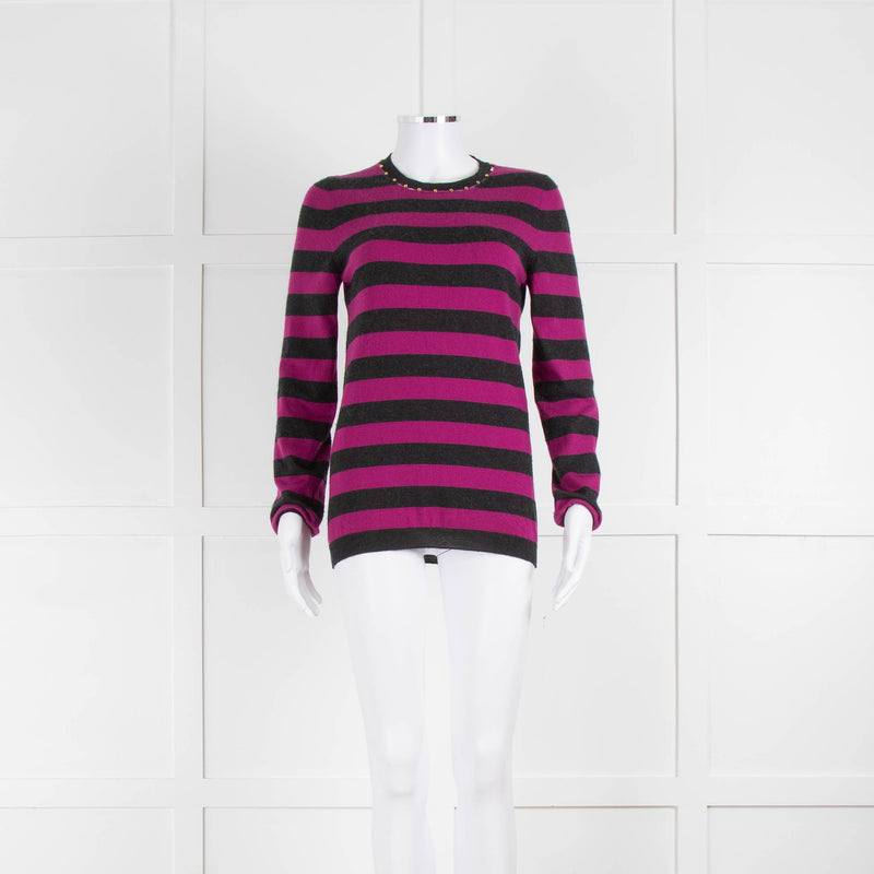 Louis Vuitton Grey Pink Striped Gold Stud Trim Jumper