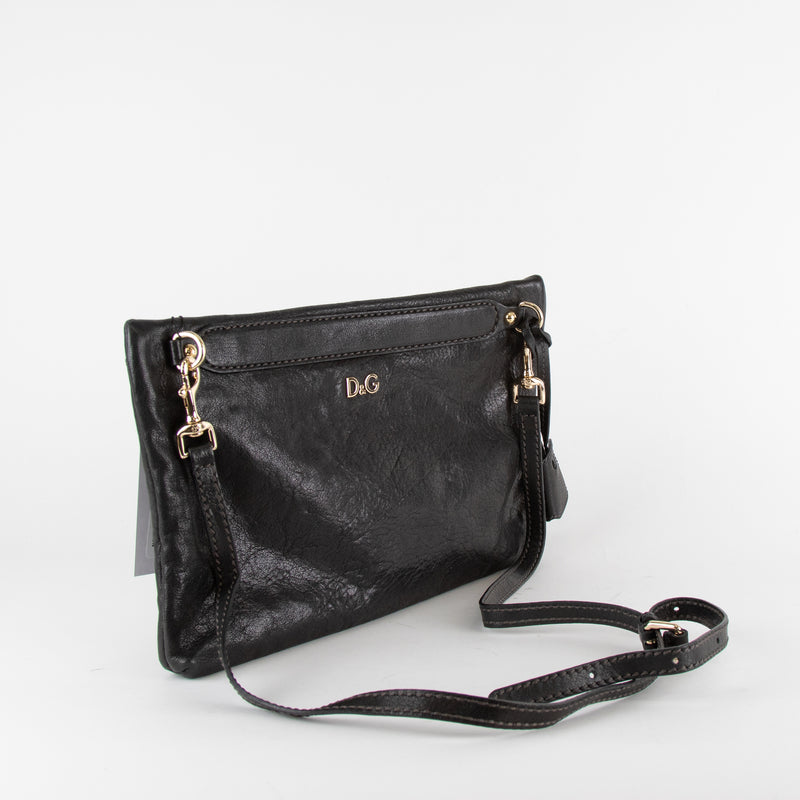 Dolce & Gabbana Black Zip Micol Envelope Clutch with Crossbody Strap