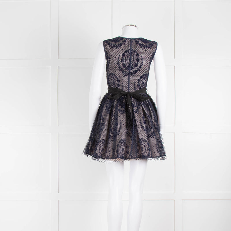 Red Valentino Beige Navy Blue Net And Lace Mini Sleeveless Dress