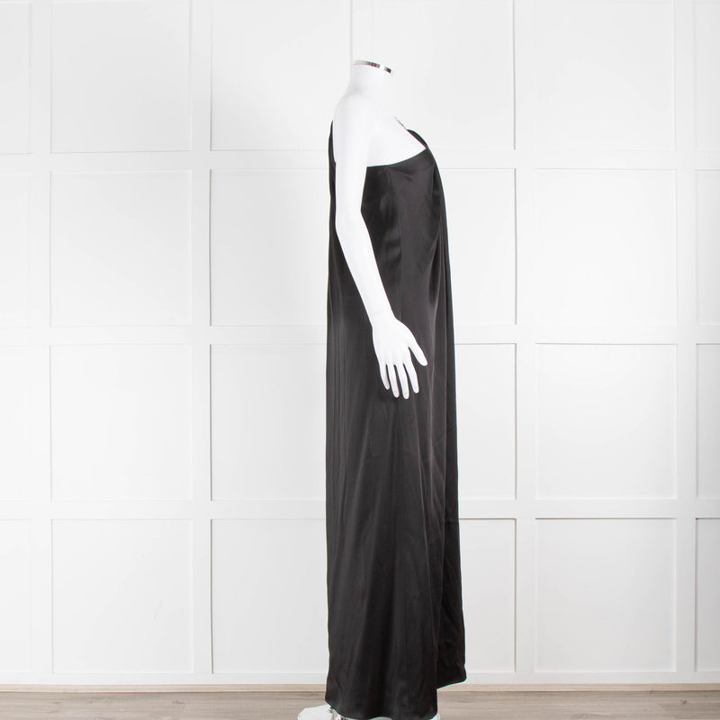 Stella McCartney Black Falabella Crystal Chain Satin One Shoulder Maxi Dress