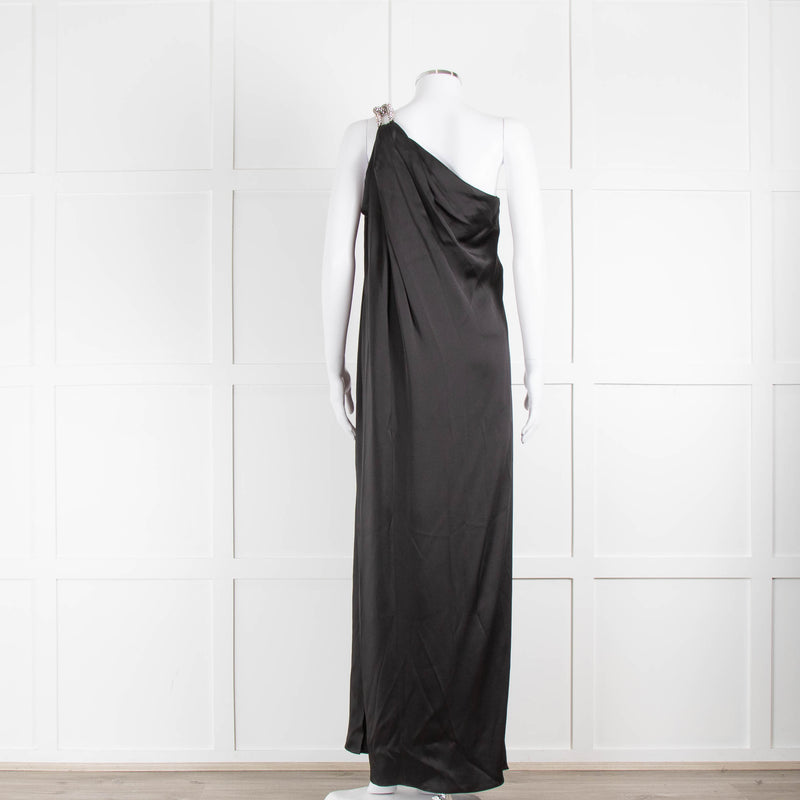 Stella McCartney Black Falabella Crystal Chain Satin One Shoulder Maxi Dress