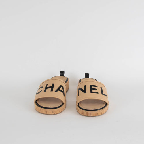 Chanel Beige Leather Logo Cork Sole Sandals