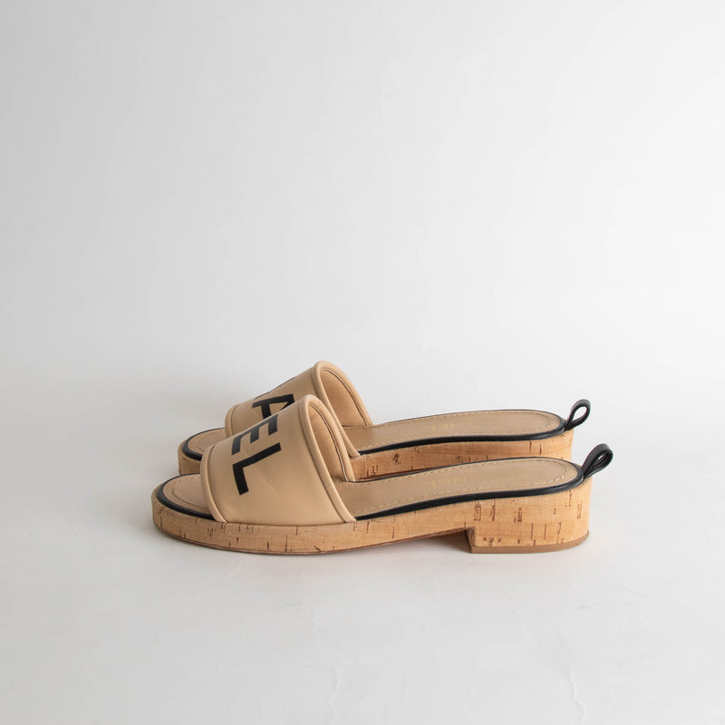 Chanel Beige Leather Logo Cork Sole Sandals