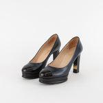 Chanel Navy Leather Platform Heels with Black Toe Cap