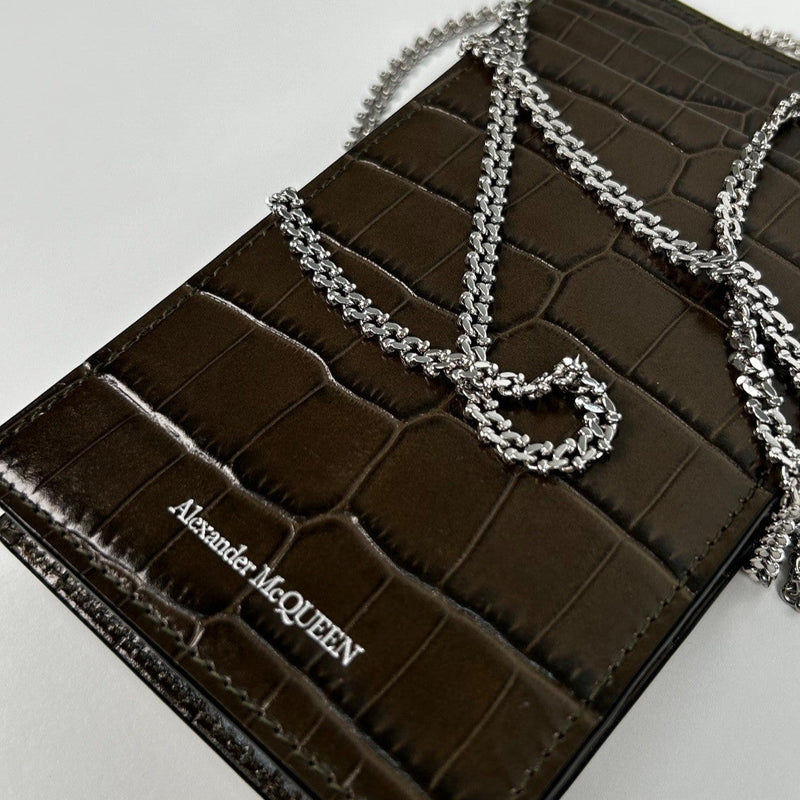 Alexander McQueen Khaki Phone Case with Silver Long Chain