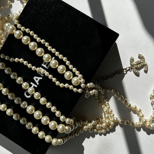 Chanel Glass Pearl Logo 6 Strand Necklace