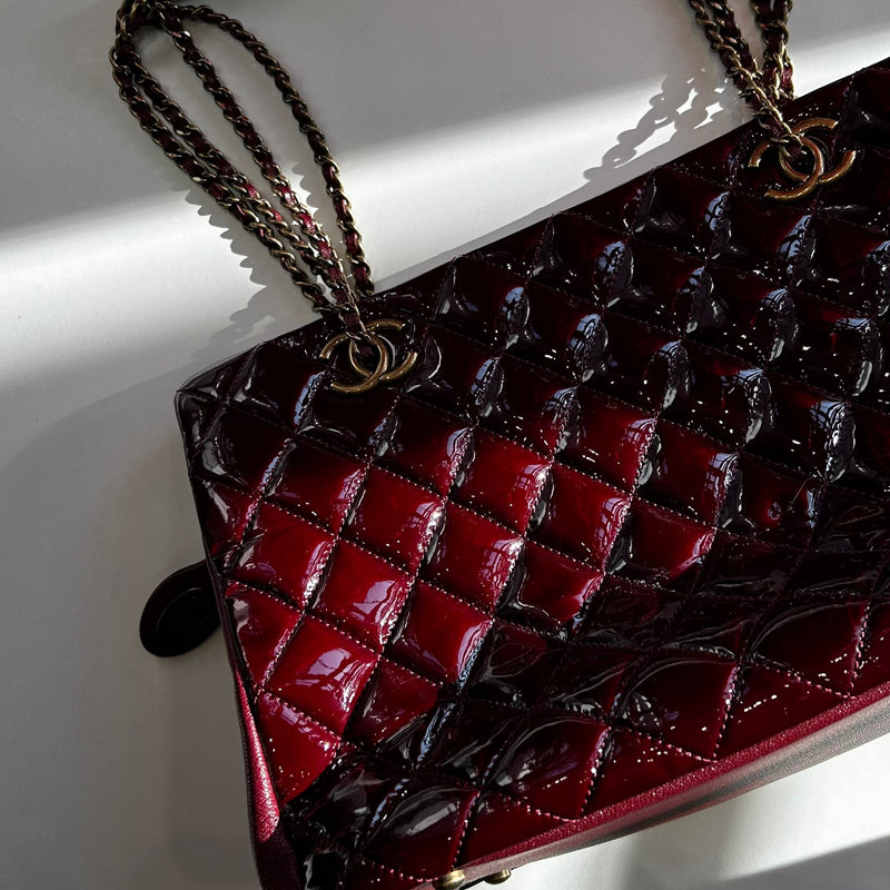 Chanel Wine Red Quilted Patent Leather CC Eyelet Tote Bag