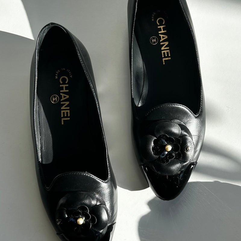 Chanel Black Leather Slip On Loafer with Patent Toe Cap and Camellia Flower