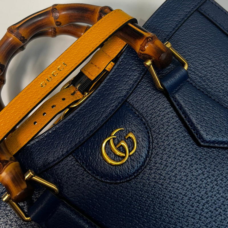 Gucci Navy Blue Diana Bamboo Detail Leather Tote Bag